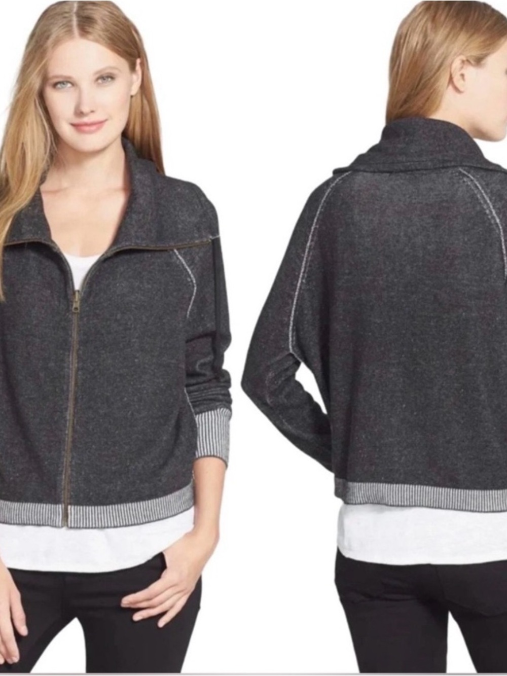 Eileen Fisher Jacket Womens L Organic Cotton Collared Zip Front Long Sleeves